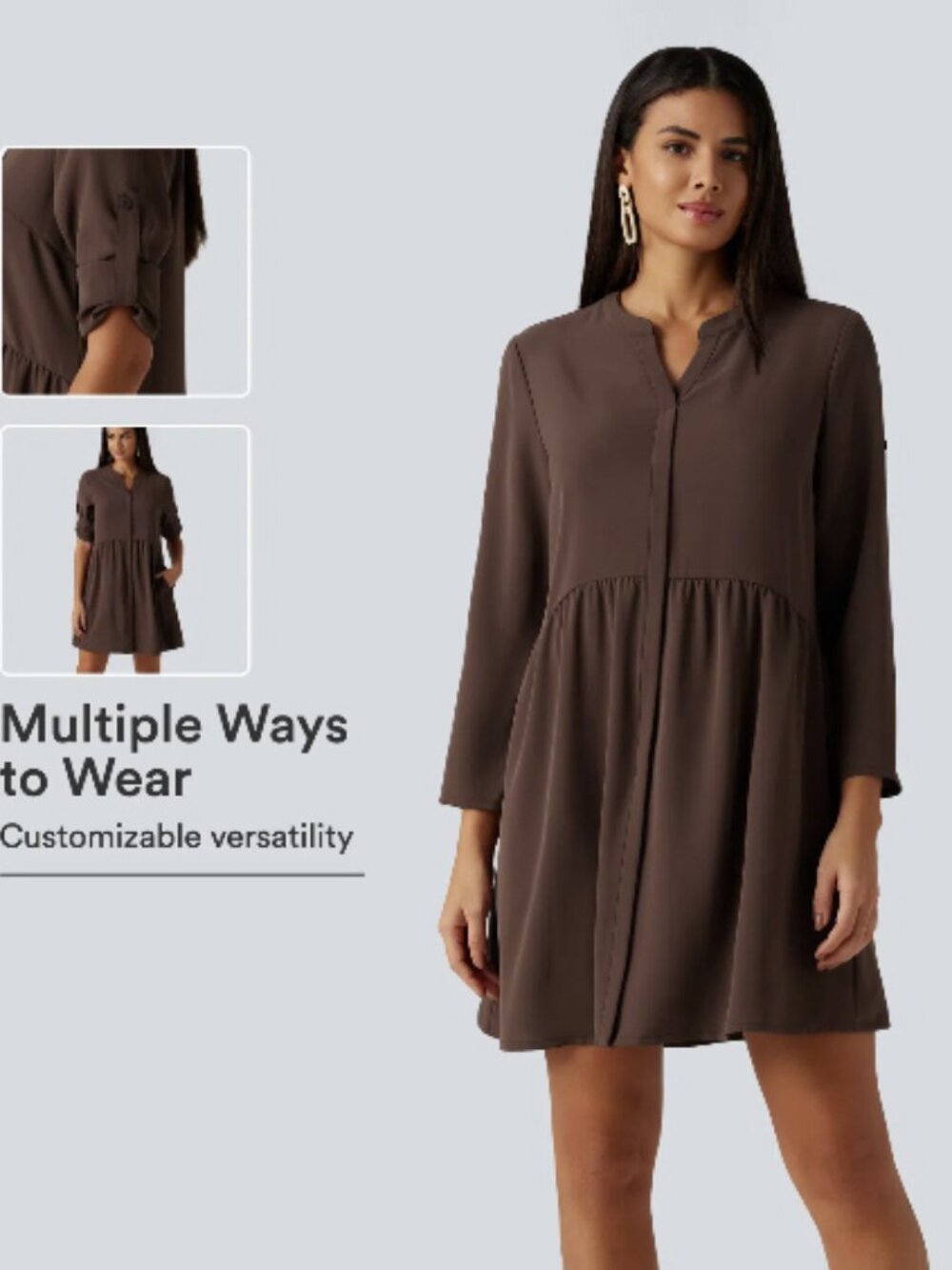 NWT Halara Notched Collar Long Sleeve Mini Casual Shirt Dress with Pockets S